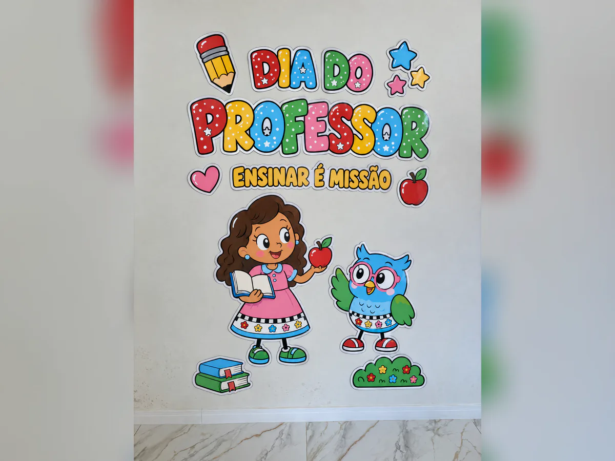 Painel Dia do Professor montado em parede de sala, visto de frente, com professora, coruja, livros, lápis, maçã, estrelas e frase Ensinar é missão.