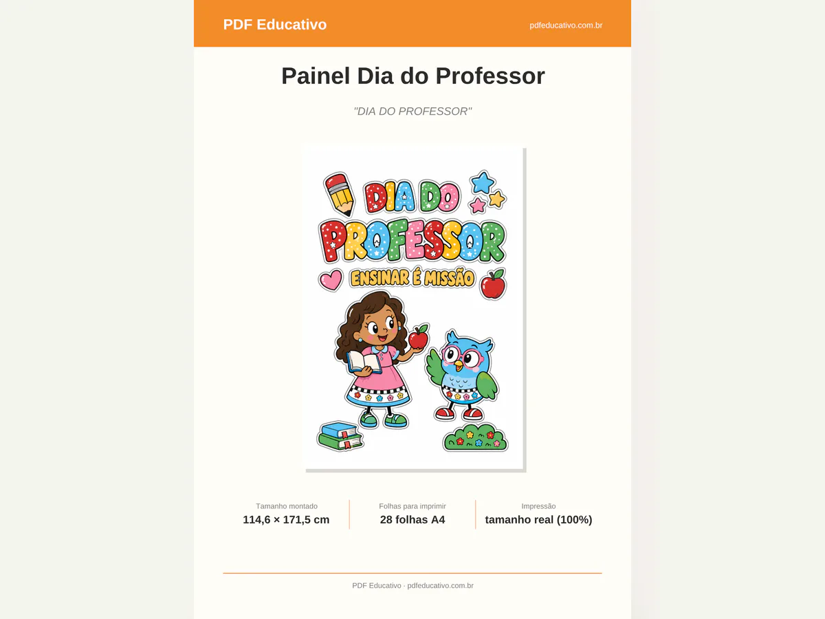 Capa do PDF Painel Dia do Professor, com prévia da arte, título do produto e informações de tamanho montado e folhas para imprimir.