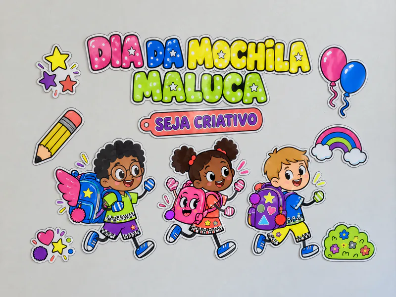 Painel Dia da Mochila Maluca montado na parede da sala, com título colorido, crianças correndo com mochilas divertidas e ícones escolares.