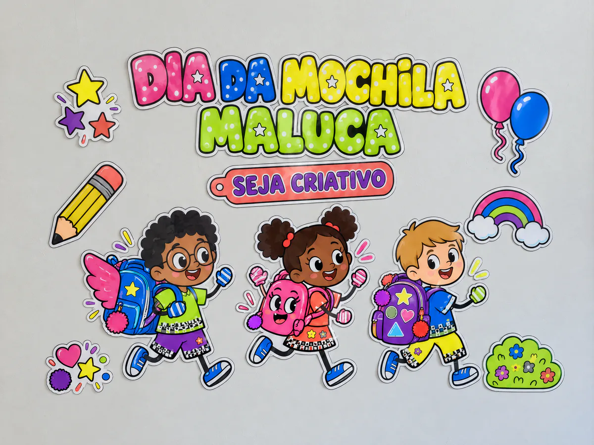 Painel Dia da Mochila Maluca montado na parede da sala, com título colorido, crianças correndo com mochilas divertidas e ícones escolares.