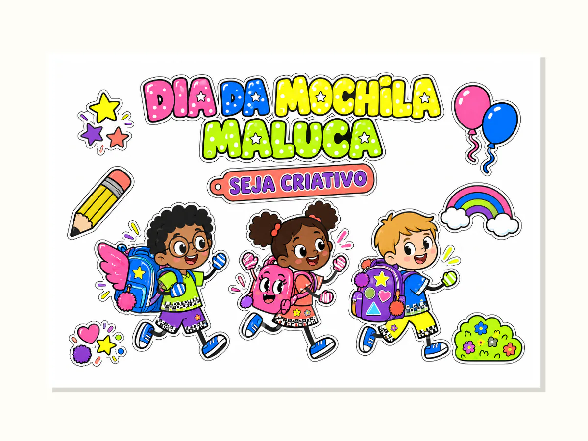 Capa do PDF do Painel Dia da Mochila Maluca, com título colorido, frase Seja Criativo, crianças com mochilas e elementos escolares.
